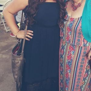 Strapless navy blue dress with lace on bottom